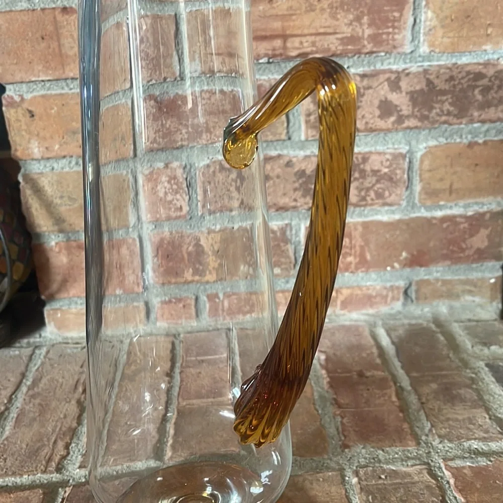 Stunning MCM Mid-Century Tall Pitcher w/ Amber Applied Glass Handle & 4 Glasses